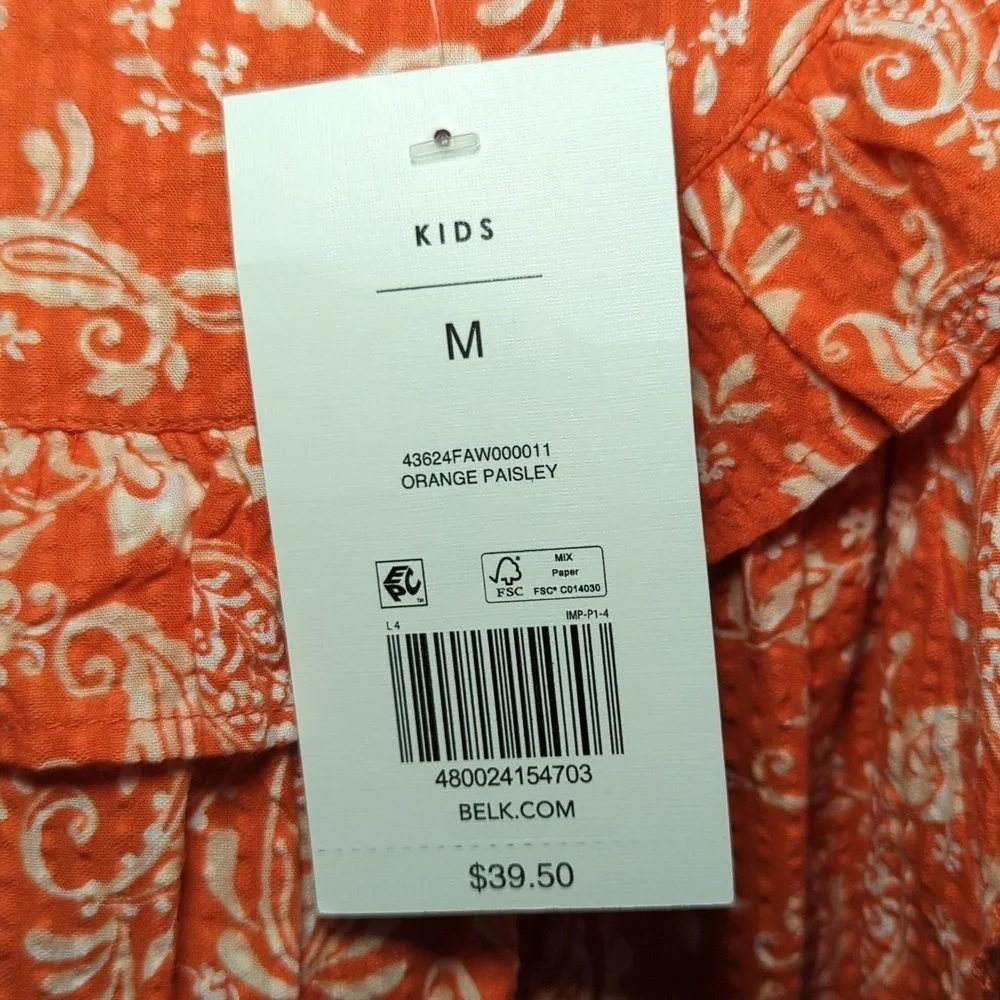 Crown & Ivy Orange + White Floral Ruffle Blouse Cap Sleeves Girls Size M NEW